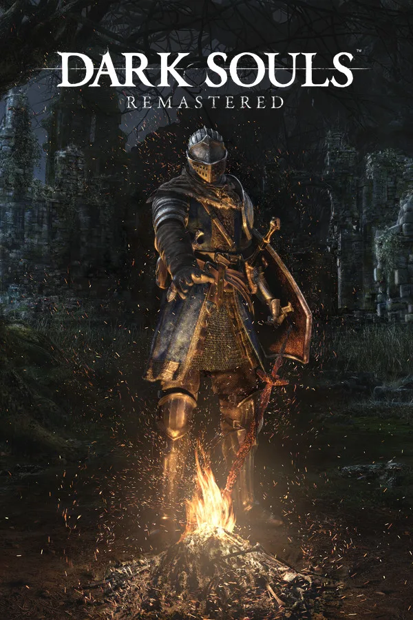 Dark Souls Remastered promotional art showing an armored knight beside a bonfire