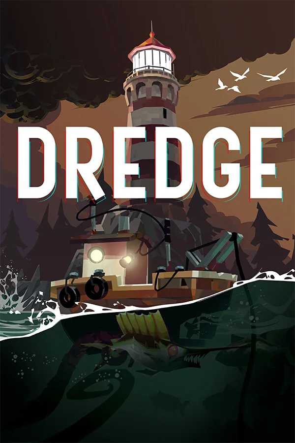 DREDGE promotional art with a fishing boat, lighthouse and creatures beneath the water