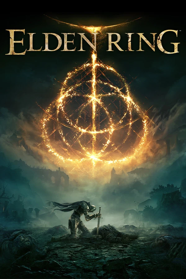 Elden Ring key art showing a kneeling warrior beneath a golden ring rune