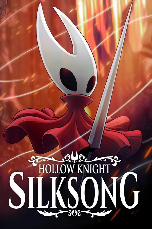 Hollow Knight Silksong publisher artwork showing Hornet with her needle and red cloak