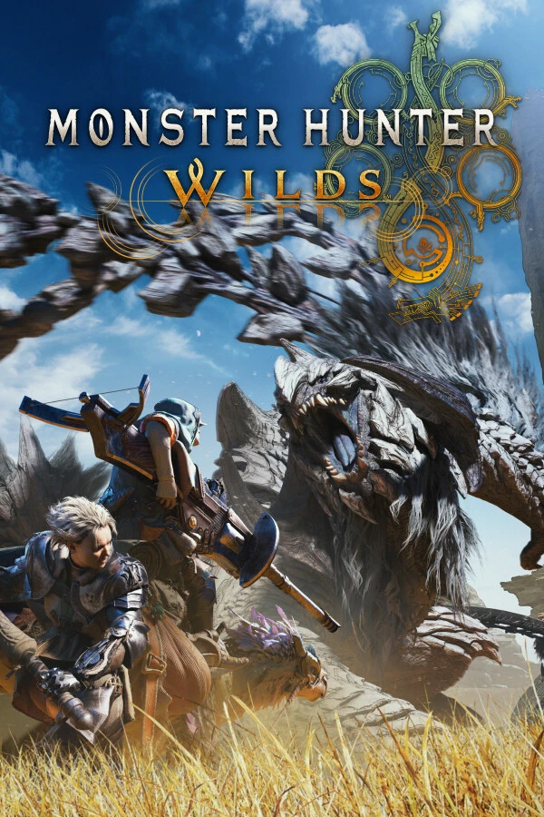 Monster Hunter Wilds key art showing a hunter facing a pale scaled monster in a grassy landscape