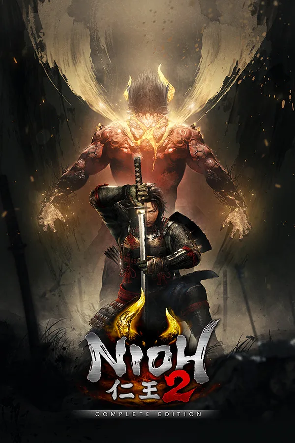 Nioh 2 key art showing a samurai facing a yokai in the dark