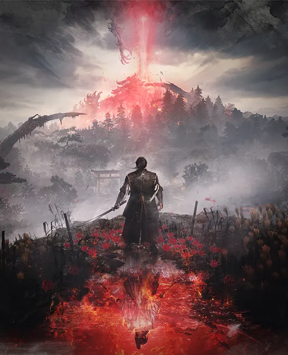 Nioh 3 publisher artwork showing a swordsman facing a castle beneath a red beam