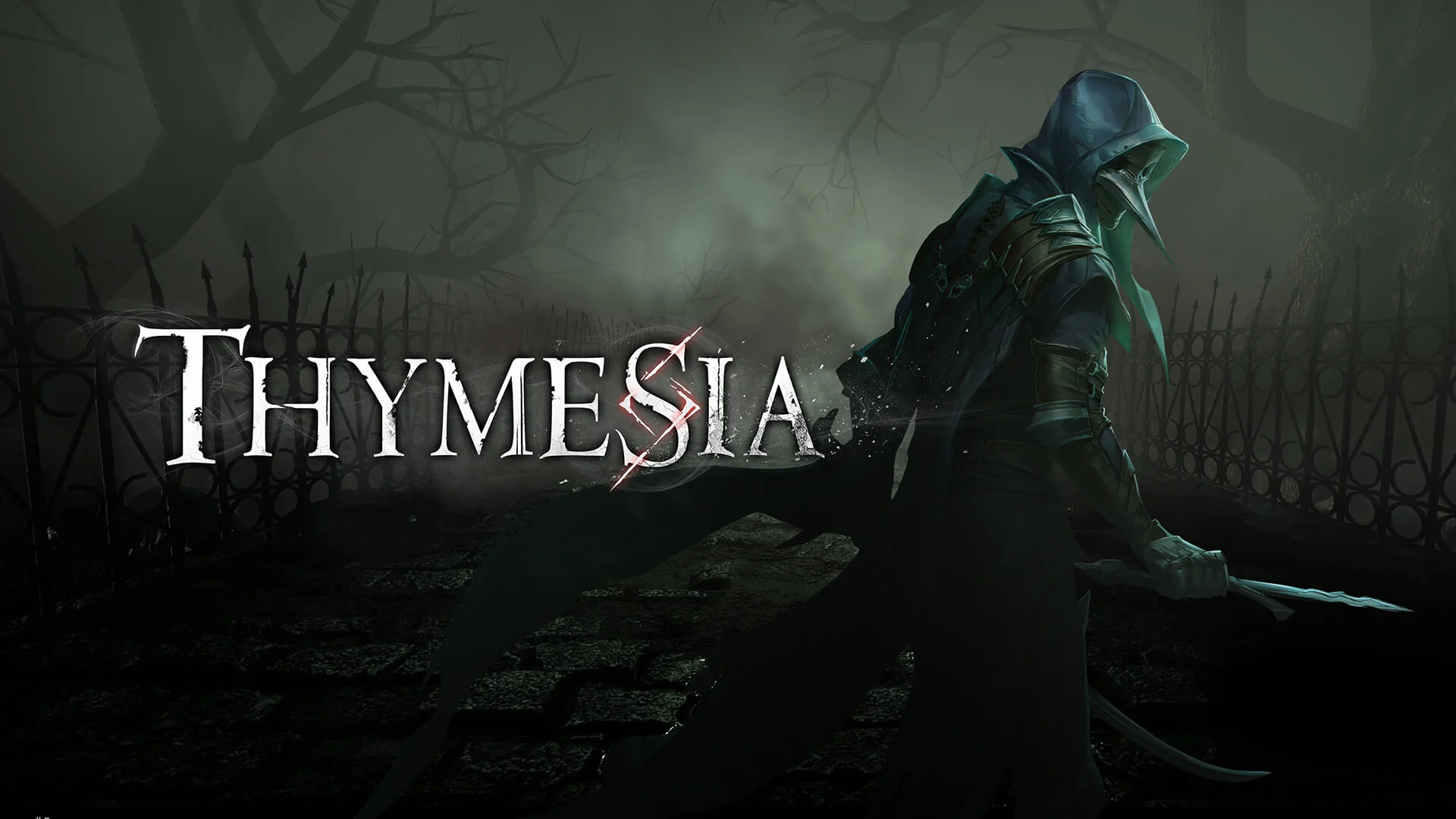 Thymesia official key art showing Corvus in a plague mask beside the game logo